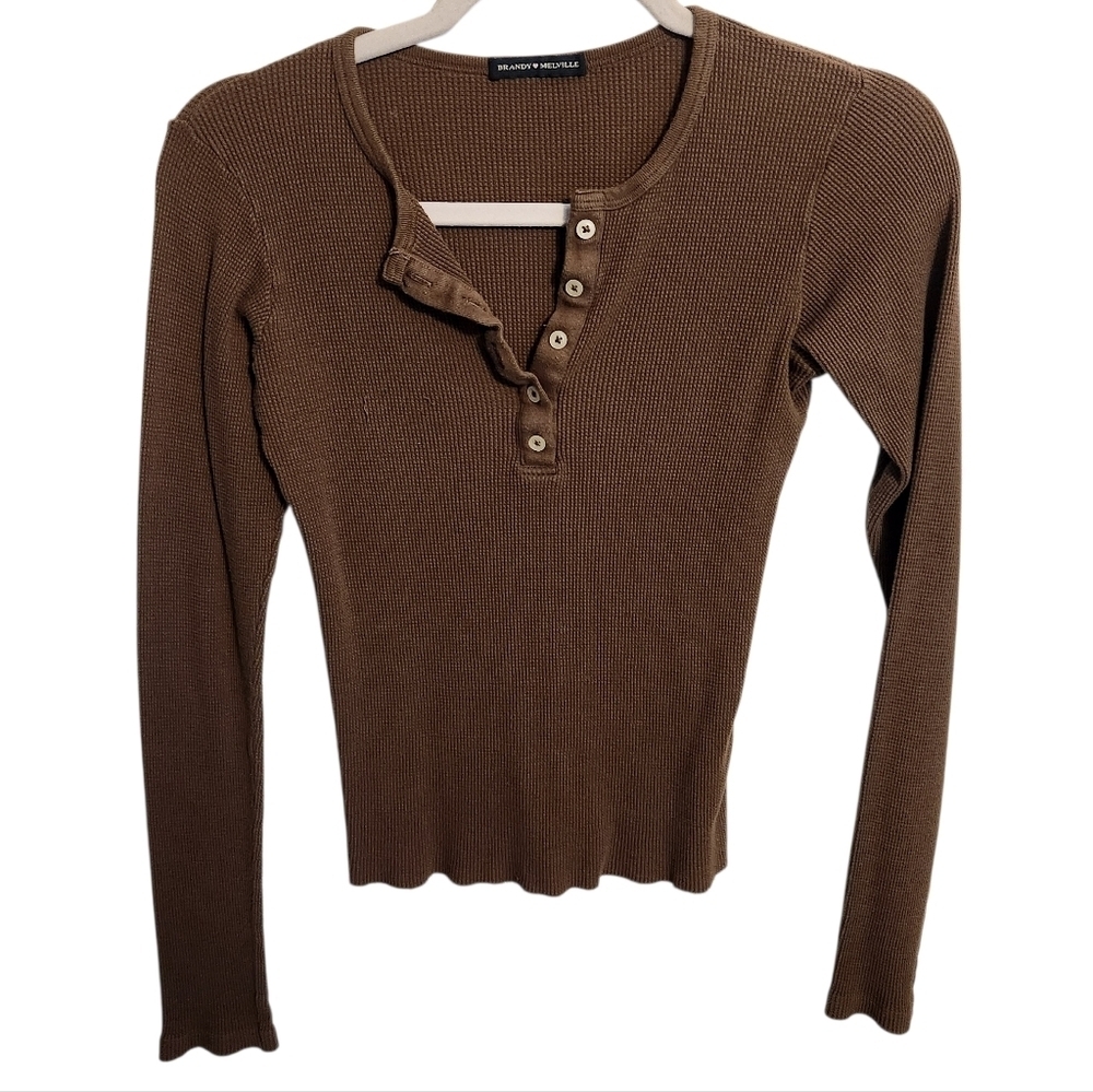 Brandy Melville | Women's Chocolate Brown Long Sleeve Thermal Shirt (Size Medium